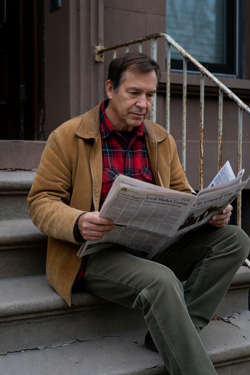 Man in camel suede jacket over red plaid flannel shirt and green corduroy pants, sitting on urban steps reading newspaper