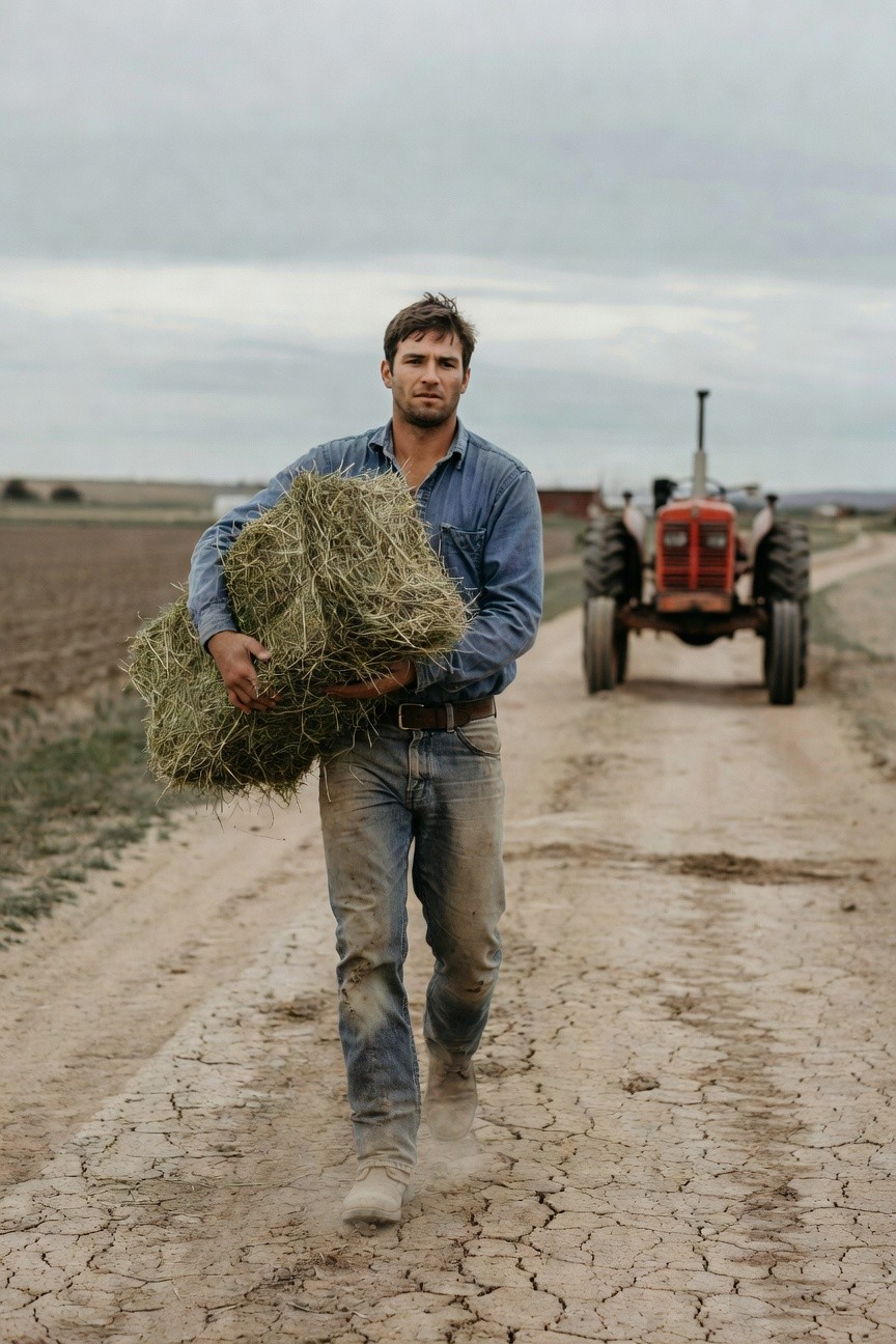 Man in medium blue chambray long-sleeve shirt tucked into faded straight-leg blue jeans with brown leather belt and tan work boots, holding a bale of hay