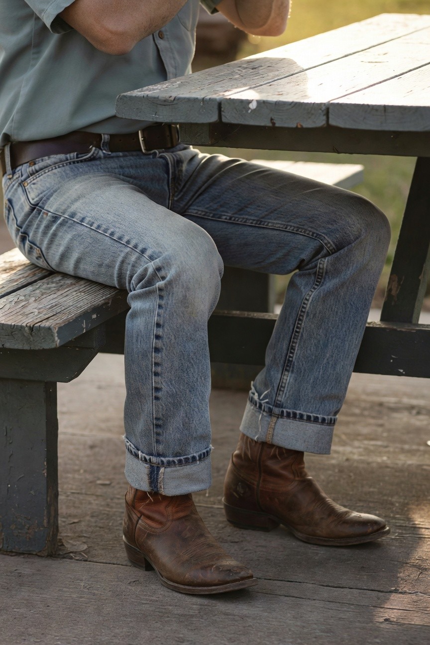 Man seated on picnic bench in short-sleeve pale green button-up shirt, light wash cuffed jeans, black belt, and brown cowboy boots, relaxed casual style.