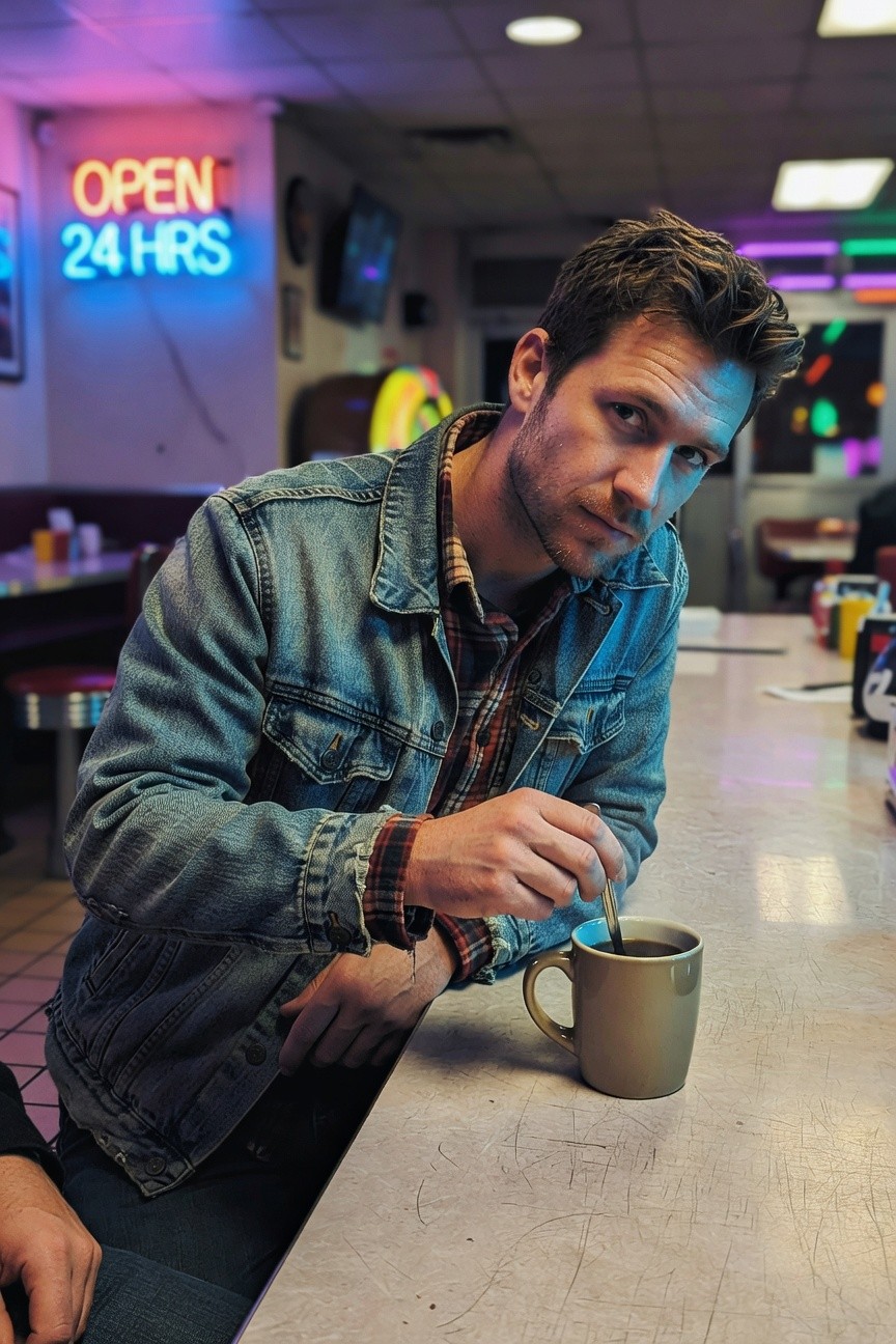 Man in light wash denim jacket over plaid flannel shirt, leaning on diner counter holding a mug of coffee, casual relaxed style