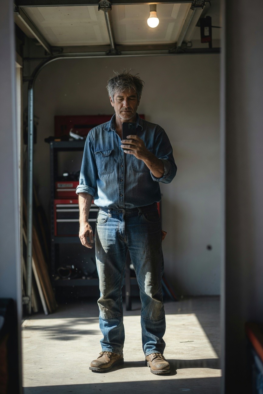Man in a garage mirror selfie wearing a medium-wash denim button-up shirt with sleeves rolled to elbows untucked over faded light blue straight-leg jeans and tan work boots holding a phone