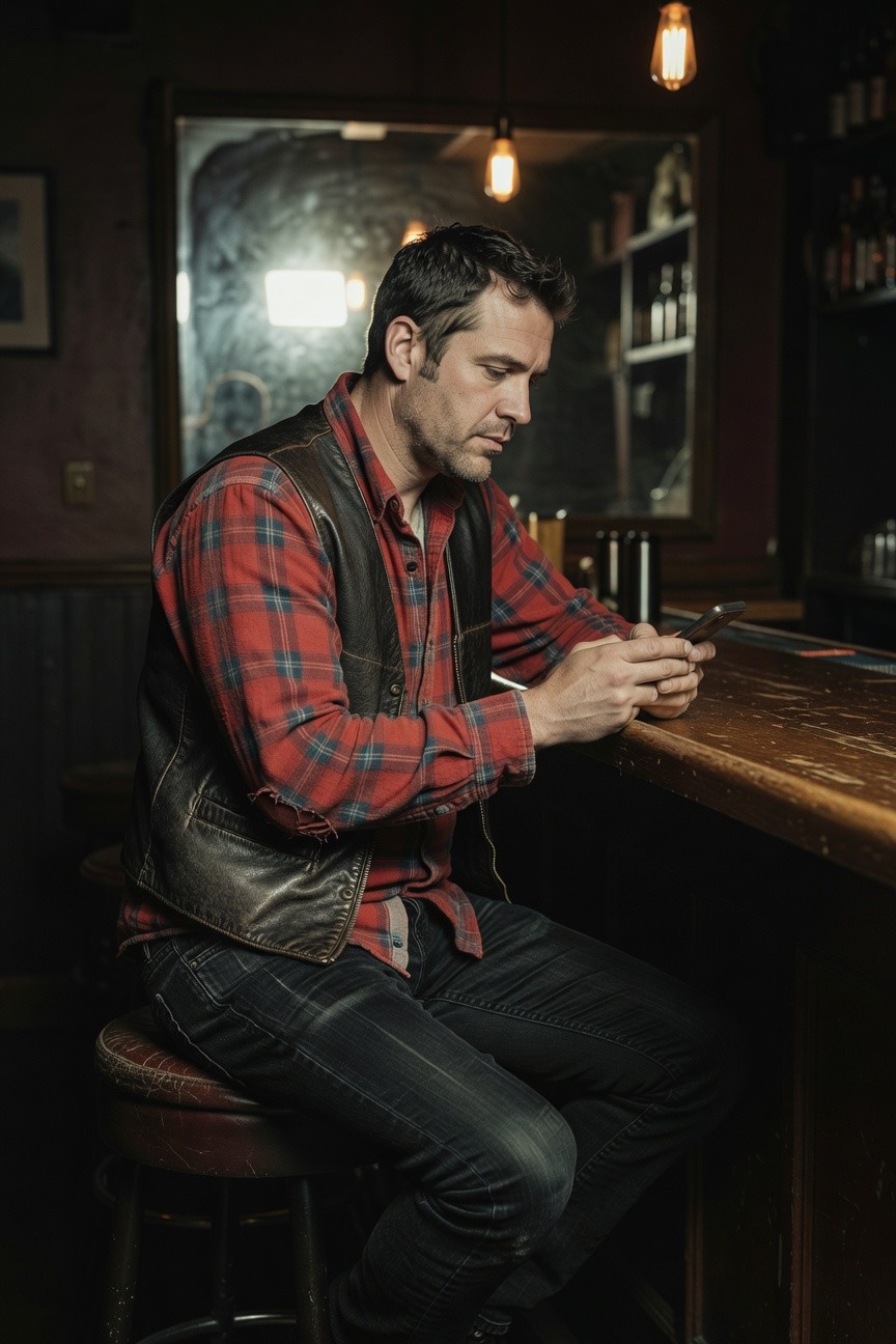 Man in red plaid flannel shirt layered under brown leather vest, dark jeans, sitting at a bar with phone in hand