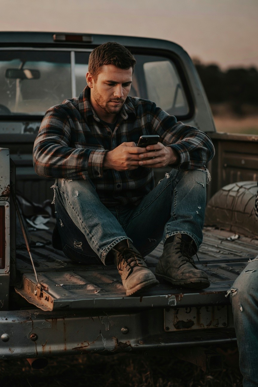 Man in dark plaid flannel shirt, ripped blue jeans, and brown leather work boots sits on the tailgate of an old pickup truck holding a smartphone