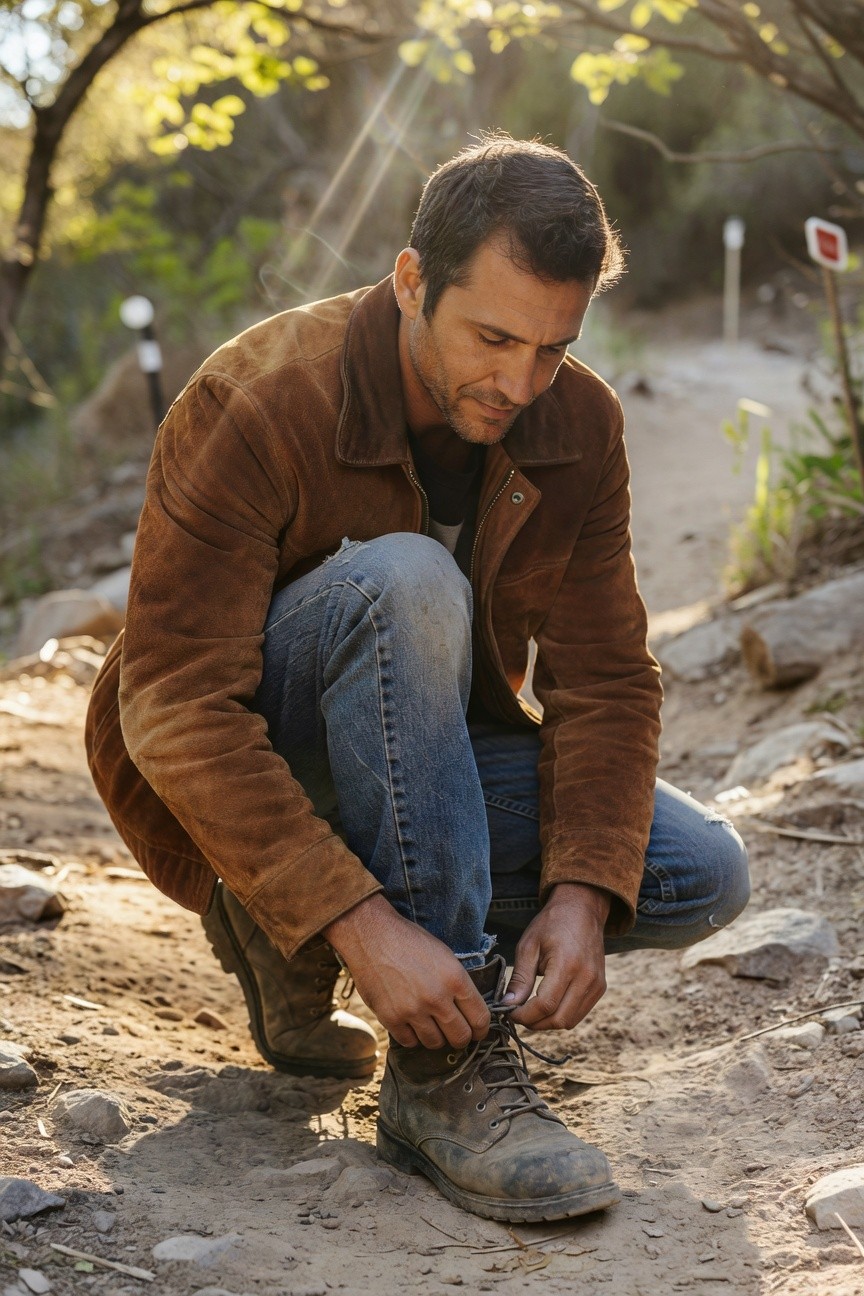 Man crouching on rocky trail tying brown leather boot laces, wearing open rust suede jacket over dark tee, faded blue jeans, relaxed casual cowboy style