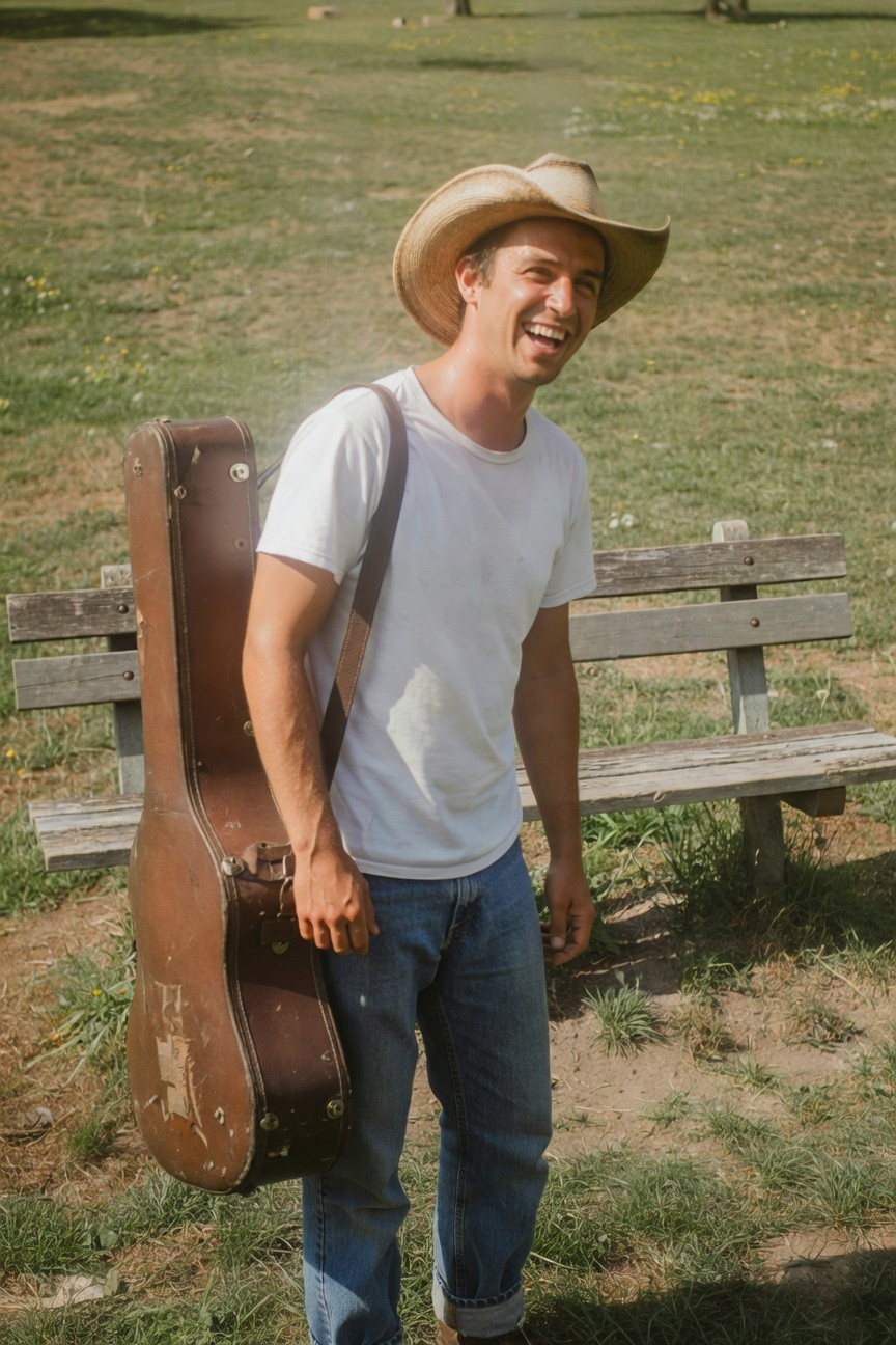 Man in straw cowboy hat, white t-shirt, rolled blue jeans, brown boots, and guitar case over shoulder, smiling casually outdoors