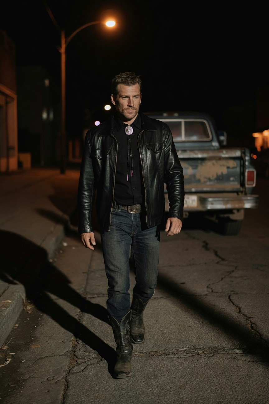Man in slim black leather jacket over black shirt with turquoise pendant, dark straight jeans, belt, and cowboy boots, standing casually