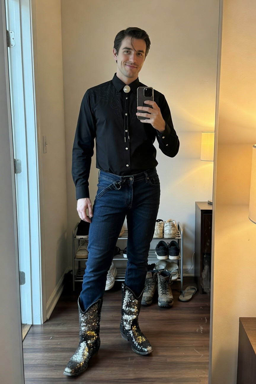 Mirror selfie of a man wearing a black long-sleeve button-up shirt with silver concho collar detail, dark slim jeans, and tall sparkly silver cowboy boots, standing in a hallway with shoe rack nearby