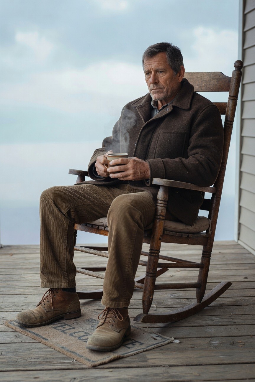 Older man in brown corduroy jacket over collared shirt, brown pants, and laced leather boots, sitting and holding a steaming mug