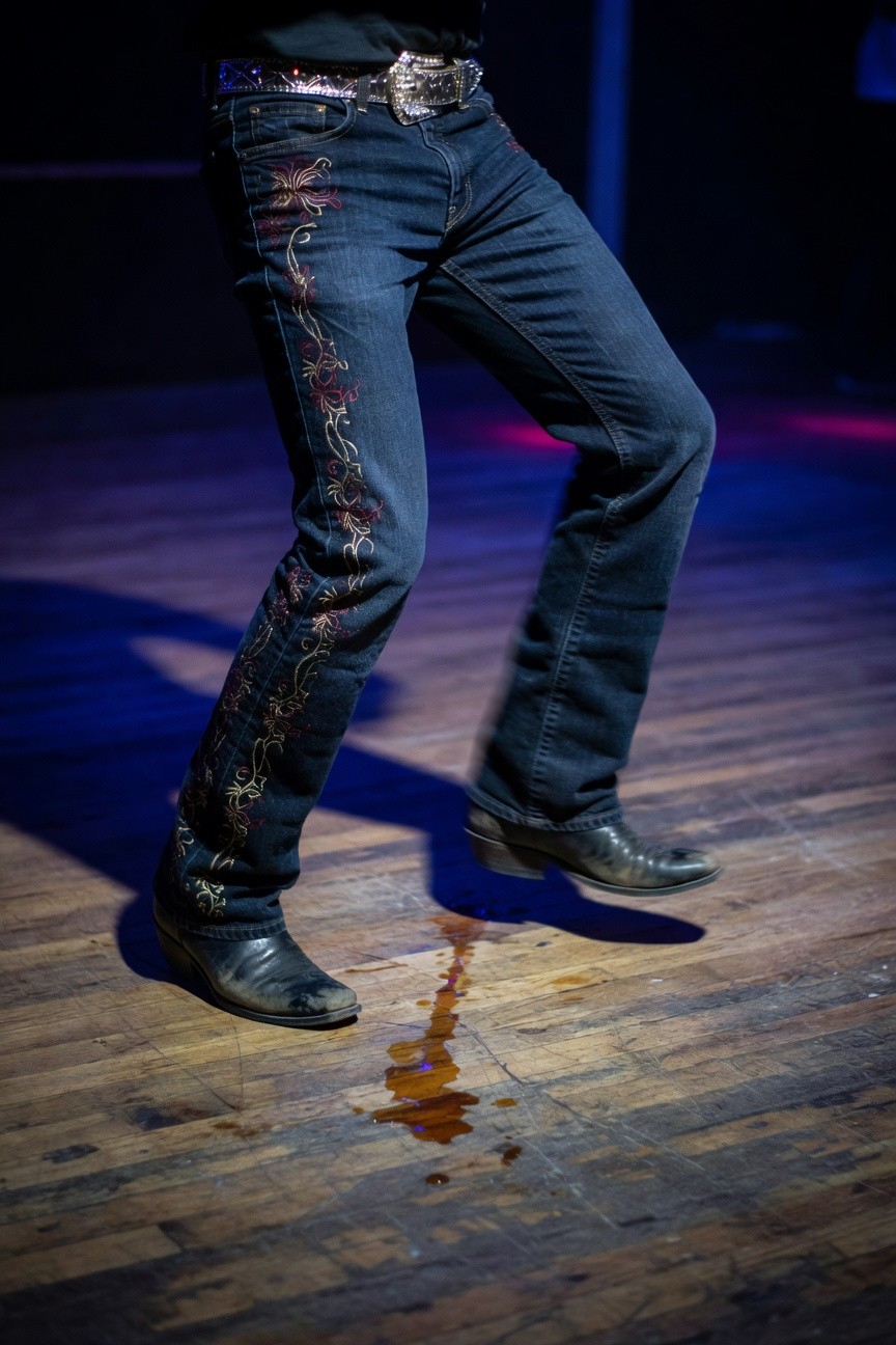 Man in slim dark jeans with red floral embroidery down the legs, wide black belt with large silver buckle, and black cowboy boots, standing on wooden floor in dim stage lighting