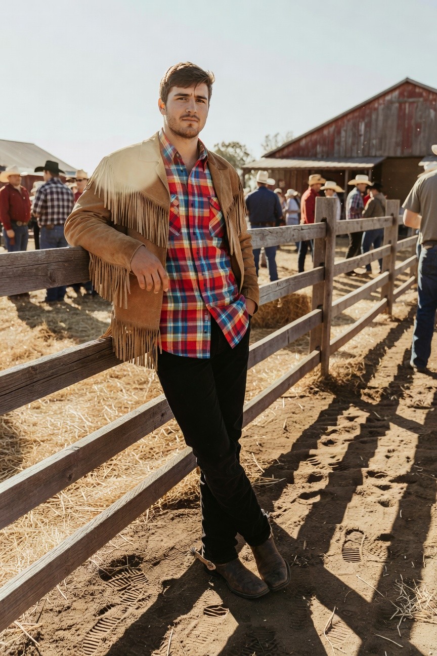 Man in brown fringed suede jacket over red-and-blue plaid shirt, black pants, and brown boots, leaning casually on a wooden fence