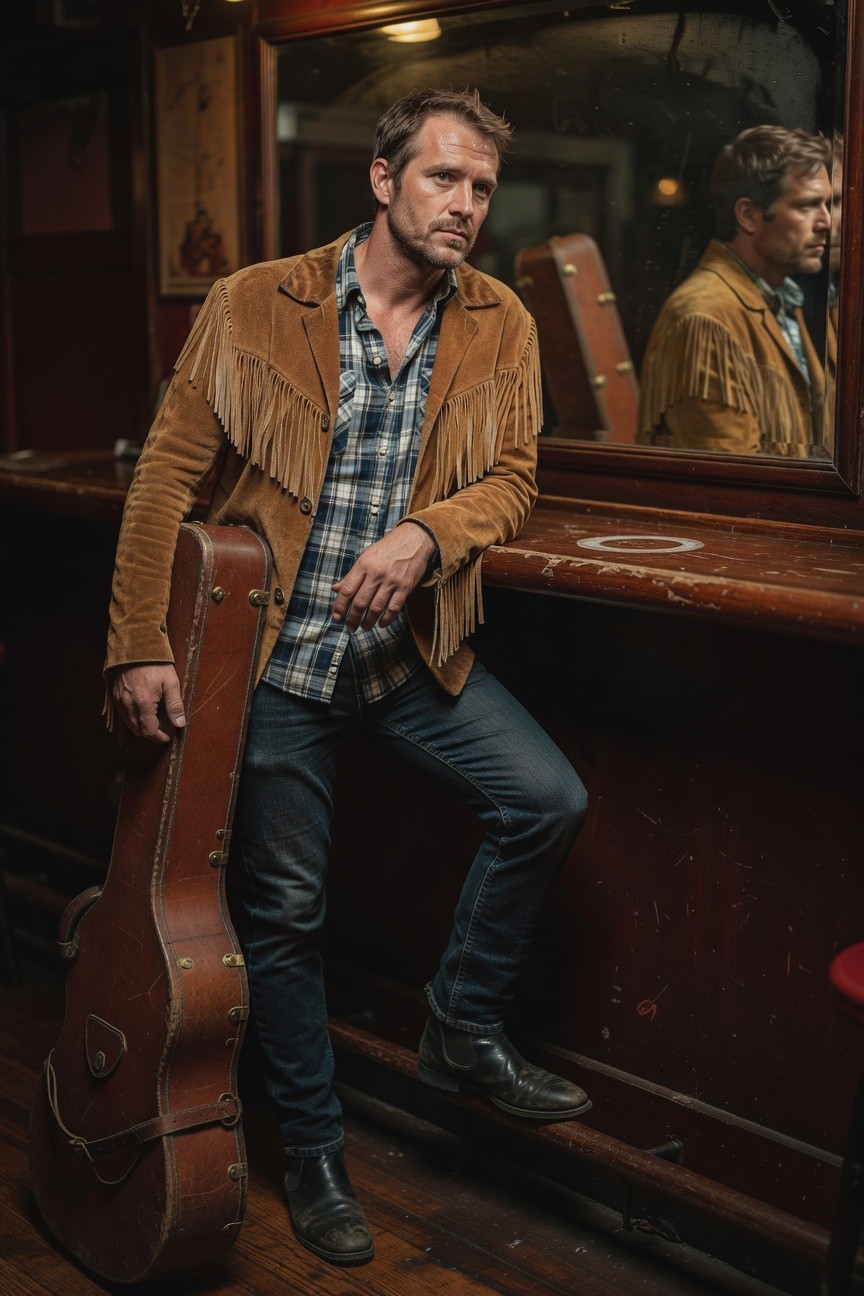 Man leaning against a bar in a rust-colored fringed suede jacket over a blue plaid shirt, dark slim jeans, black boots, holding a guitar case