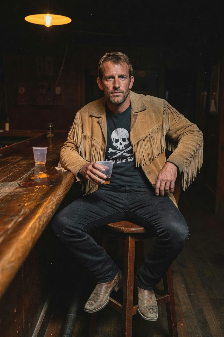 Fringed Suede Jacket with Skull Tee and Jeans