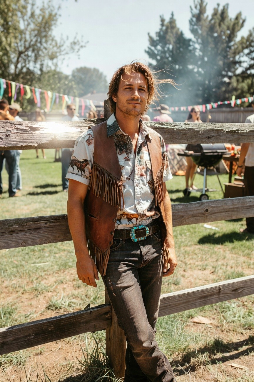 Man in brown fringed leather vest over white floral-printed short-sleeve shirt with fringe details, dark jeans, turquoise belt buckle, leaning casually on wooden fence at outdoor gathering