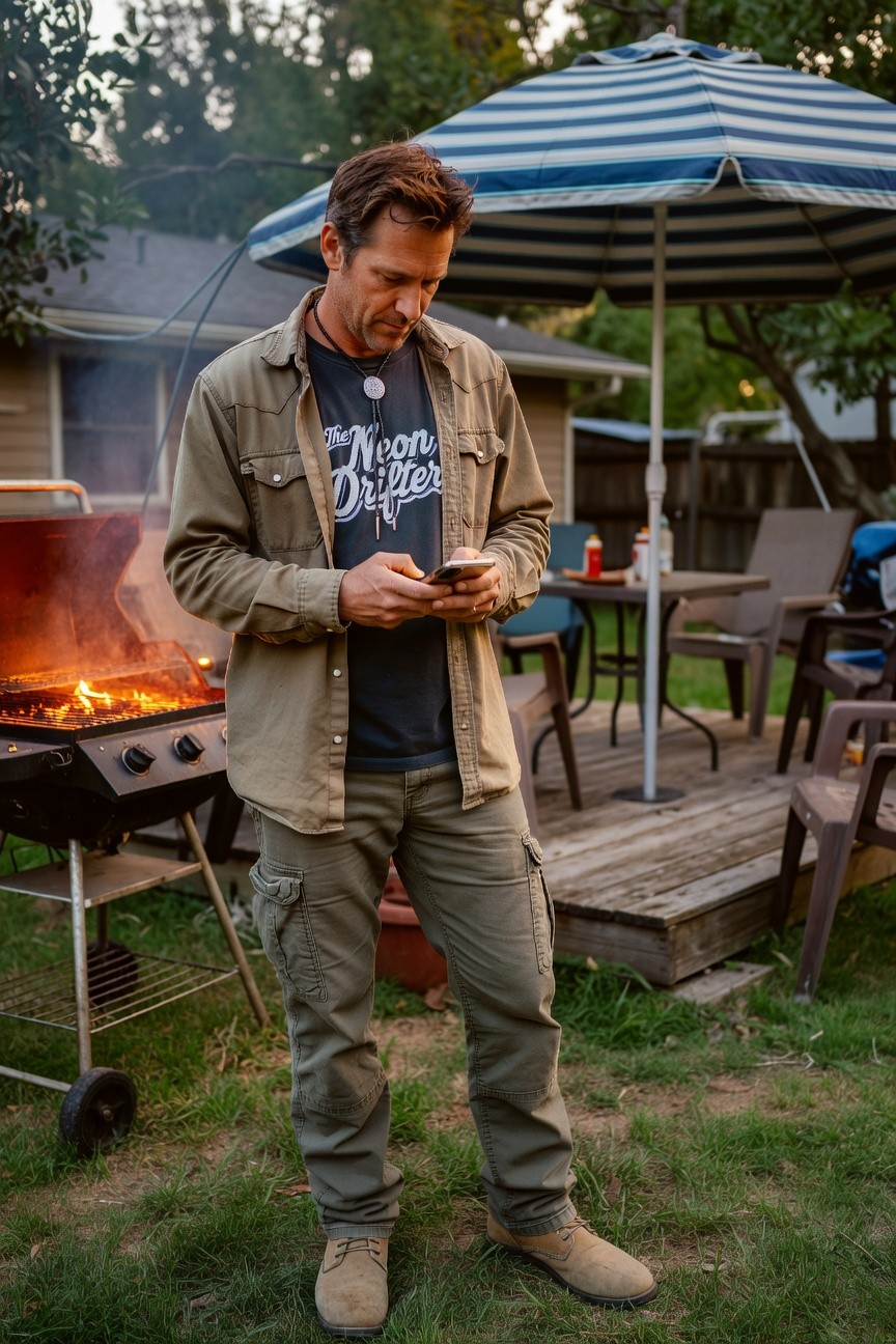 Man in open khaki field jacket over black graphic tee, olive cargo pants, tan boots, necklace, standing casually outdoors