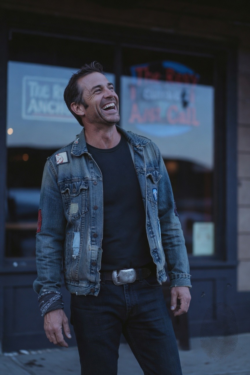 Man in distressed blue denim jacket with patches over black t-shirt, black jeans, and silver belt buckle, smiling outside a bar