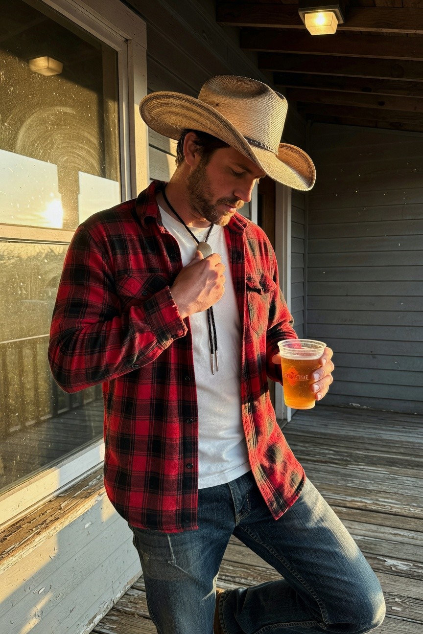 Man in beige cowboy hat, open red plaid flannel shirt over white t-shirt, black bolo tie, blue jeans, and cowboy boots, holding a beer cup, posed casually on a porch