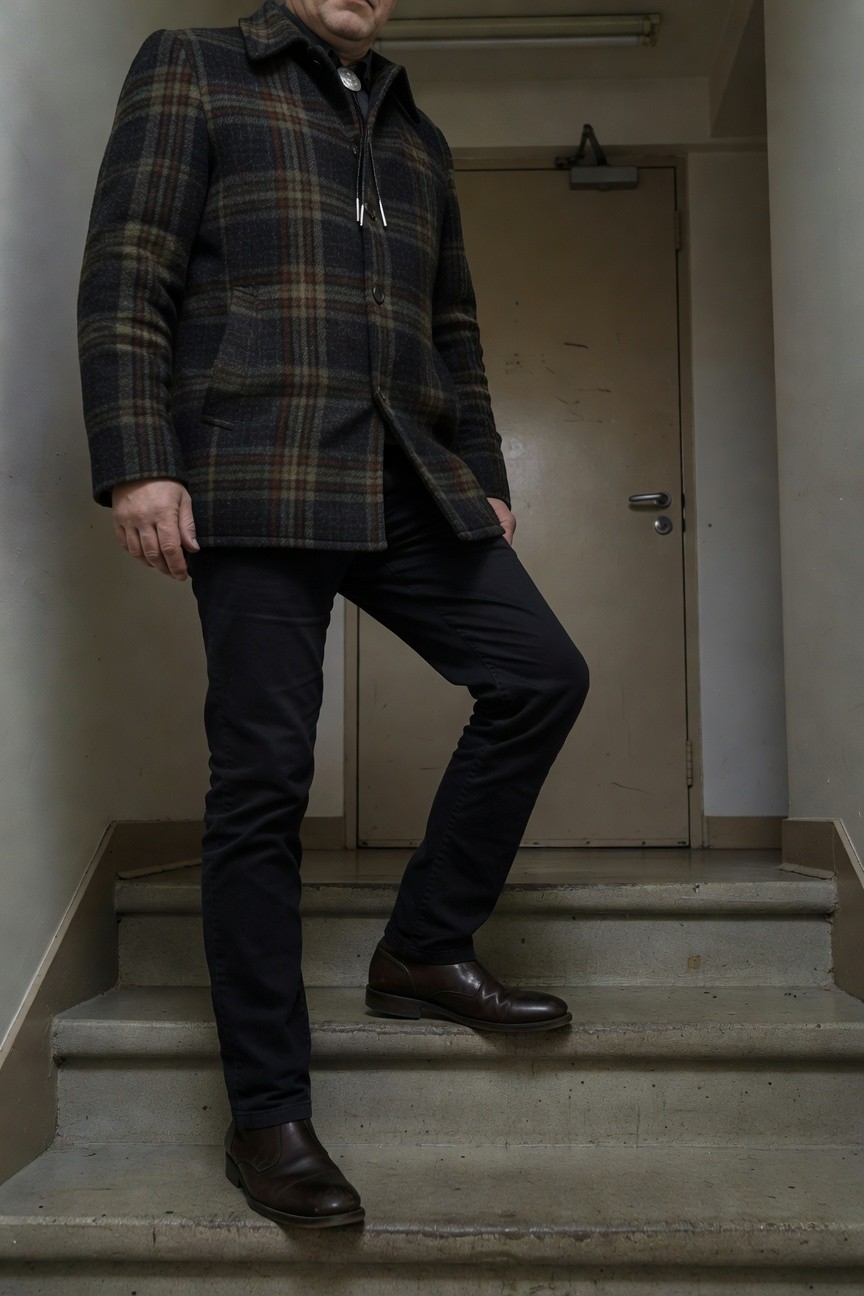 Man standing on concrete stairs in a dark plaid wool jacket with popped collar, turquoise bolo tie, slim black pants, and brown leather boots, indoor setting with beige walls and door