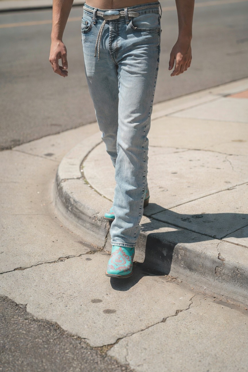 Man walking in slim light-wash denim jeans with a wide belted waistband and turquoise sneakers on a city sidewalk