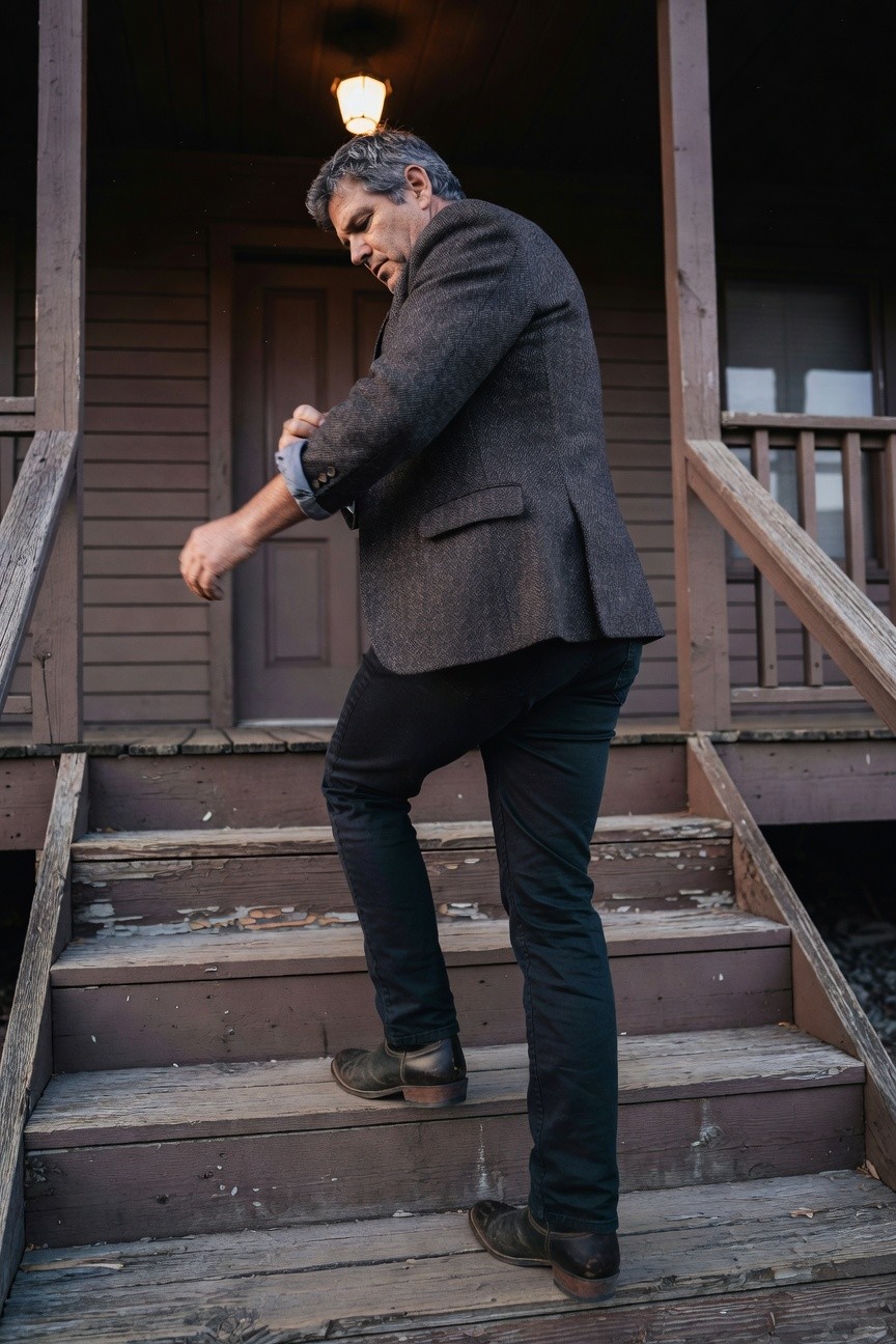 Mature man in gray-brown tweed blazer over white shirt with rolled cuffs, slim black pants, and brown leather shoes, ascending wooden porch steps