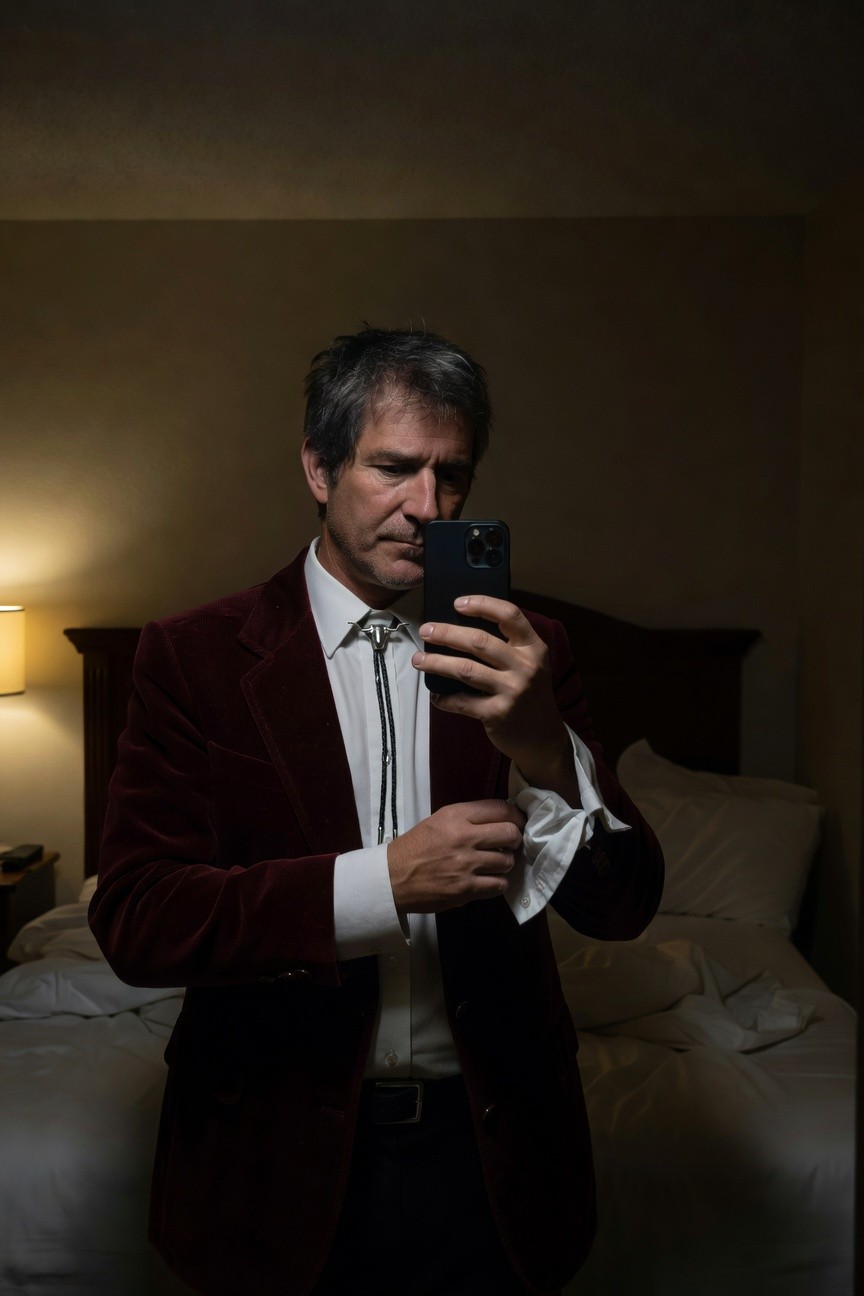 Man in a burgundy velvet blazer, white dress shirt with rolled cuffs, black bolo tie, black pants and belt, taking a selfie in a dimly lit bedroom