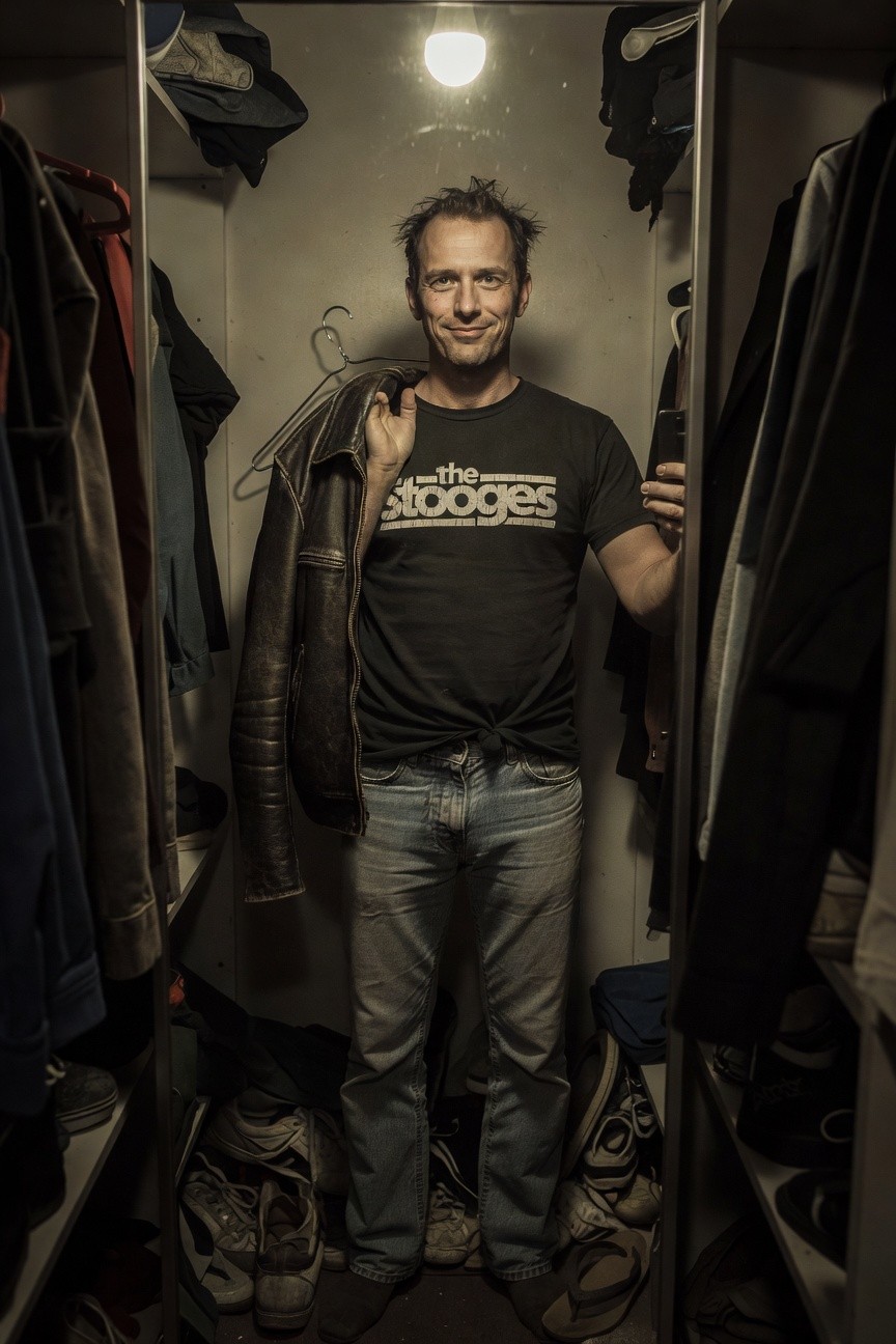 Man in dimly lit locker room stands confidently between hanging clothes, wearing a black Stooges band t-shirt tucked into light blue straight-leg jeans, holding a brown leather jacket over one shoulder, white sneakers on floor nearby