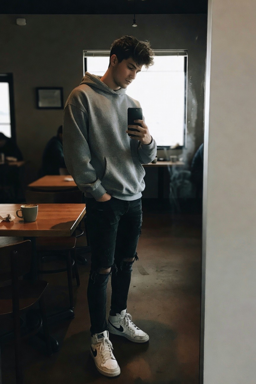 Young man in oversized gray hoodie, black ripped slim jeans, and white Nike sneakers poses confidently in a mirror selfie at a cozy coffee shop with wooden tables and natural light