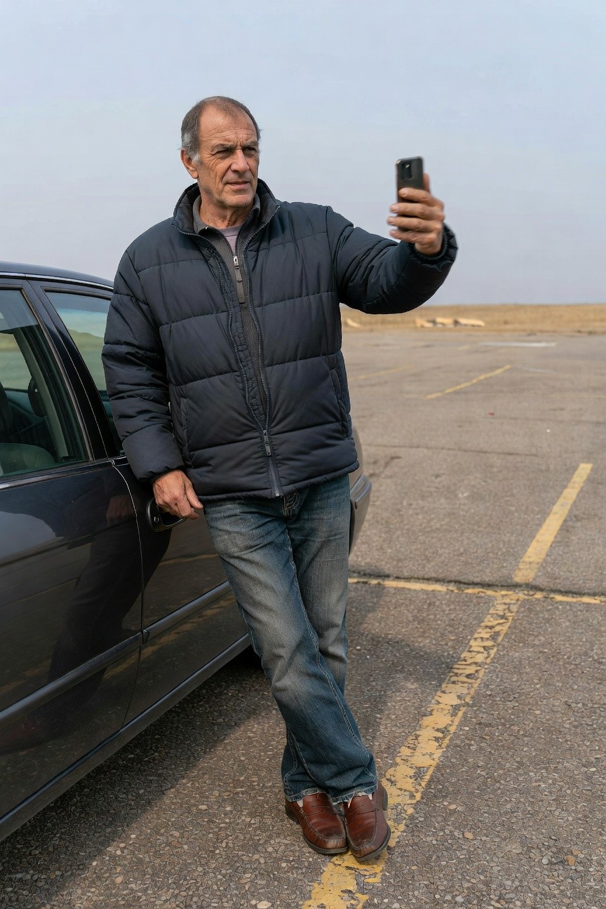 Middle-aged man in navy puffer jacket, white shirt, dark jeans, and brown loafers leans against silver sedan in empty parking lot, taking selfie on cool overcast day