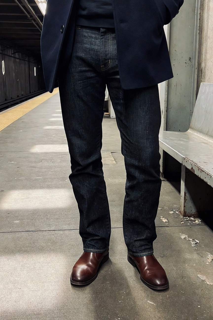Man in slim dark wash straight-leg jeans, open navy wool coat over black crewneck sweater, brown leather Chelsea boots, standing casually with hands in pockets on a sunny train platform