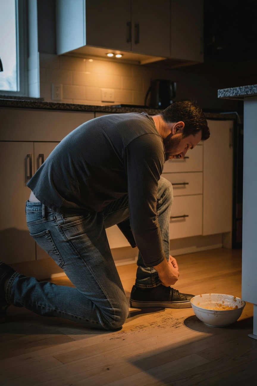 A man crouching in a modern kitchen, tying black sneakers while wearing slim dark blue jeans and a gray long-sleeve henley shirt, with a bowl on the floor nearby, warm under-cabinet lighting.