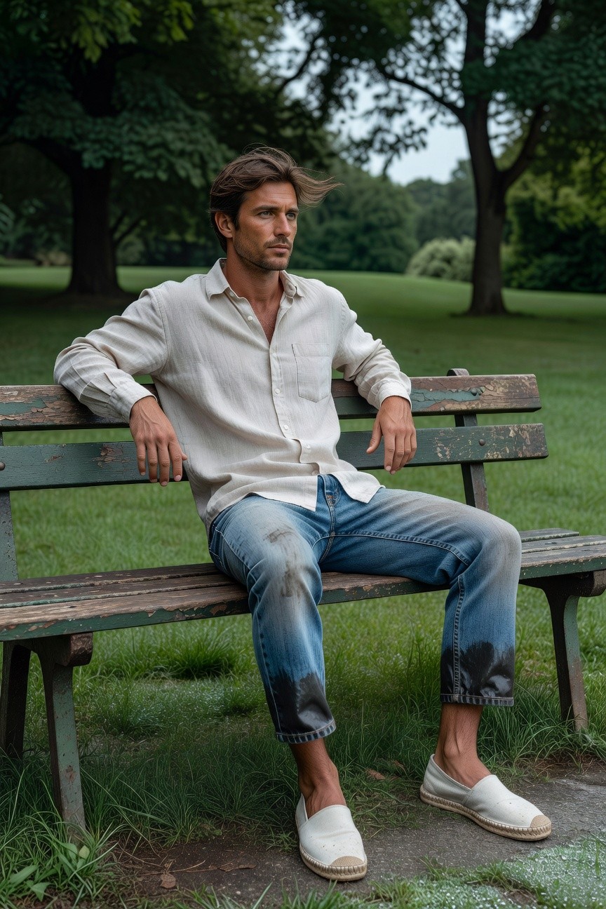 Handsome man with tousled brown hair sits relaxed on a weathered green park bench, wearing a loose cream linen button-up shirt with rolled cuffs, faded light-wash jeans distressed at the hems, and white espadrilles, surrounded by lush green grass and trees under a soft sky