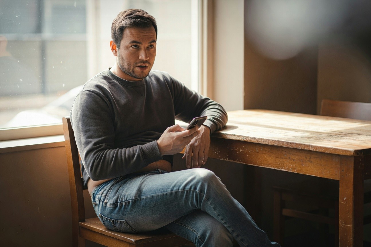 A man sits casually at a wooden table by a sunlit window in a cafe, wearing a loose gray crewneck hoodie and low-rise blue jeans that reveal a bit of midriff, holding a smartphone thoughtfully while leaning back in a wooden chair.