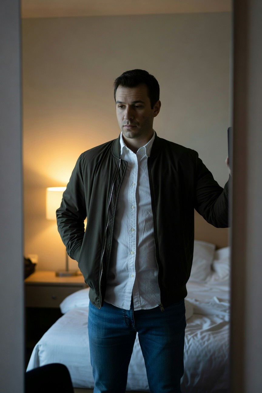 Man in olive green bomber jacket over white button-up shirt and straight blue jeans, posing casually in hotel room mirror with hands in pockets, warm lamp light