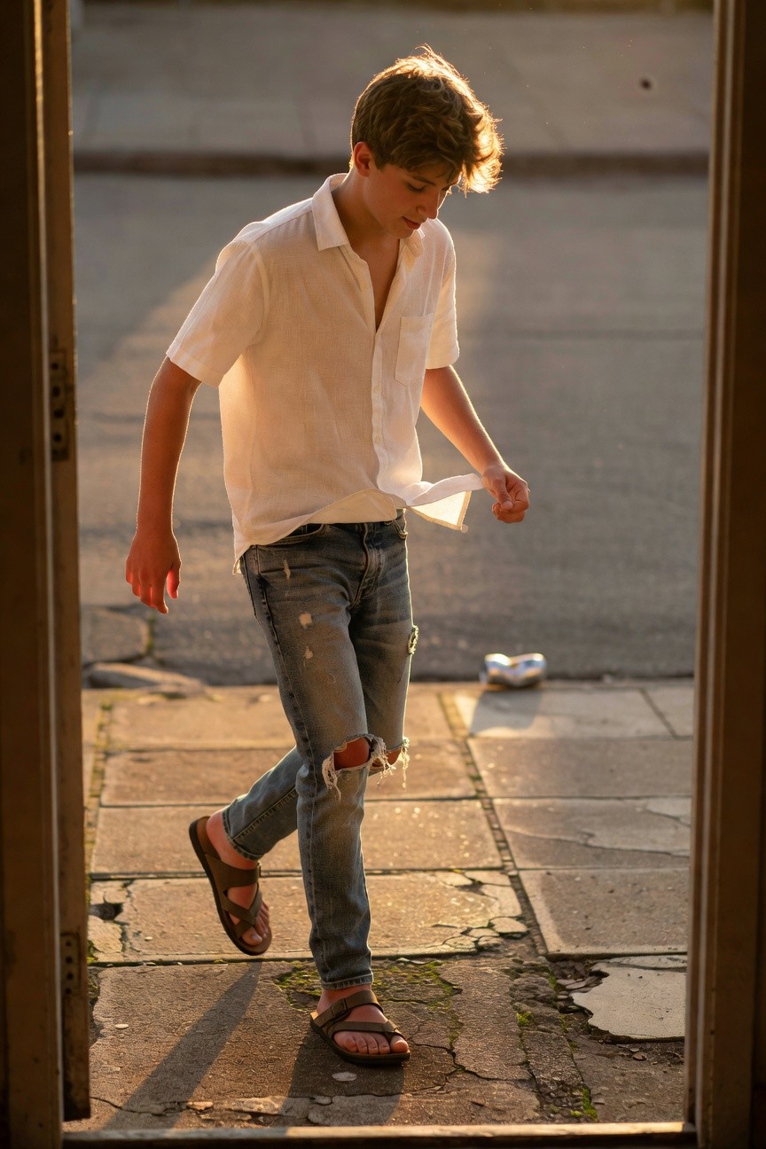 Young man with tousled hair stepping out a doorway at sunset, wearing an open white linen short-sleeve shirt, light blue ripped jeans, and brown leather sandals on a cracked pavement sidewalk