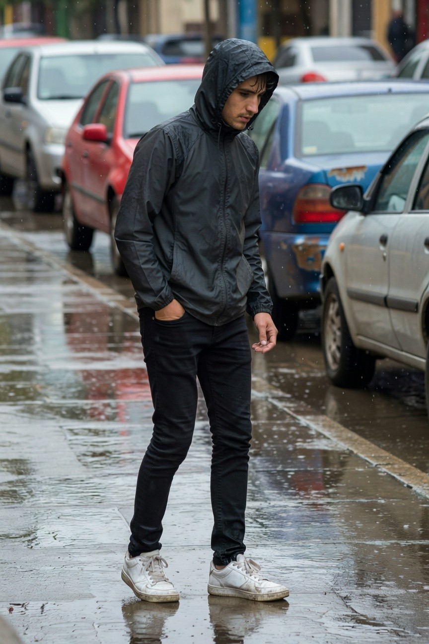 Young man in glossy black hooded rain jacket and slim black jeans stands confidently on rainy urban street lined with parked cars, white sneakers on wet pavement, hands in pockets