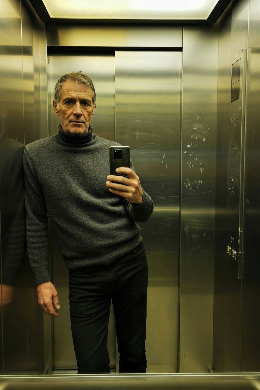 Middle-aged man in fitted gray turtleneck sweater and slim black jeans poses confidently for a selfie in a shiny gold elevator, phone in hand, reflection sharp and stylish