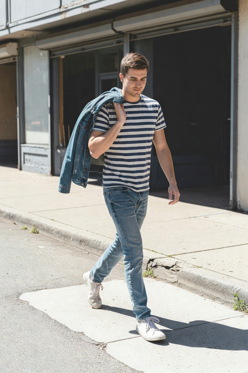 Young man walking urban sidewalk in slim blue straight-leg jeans, white short-sleeve nautical striped tee, white sneakers, and denim jacket draped over shoulder, casual confident stride
