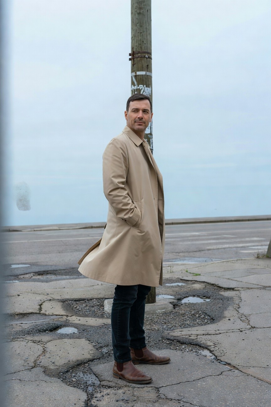 Man in beige trench coat, black slim jeans, and brown leather boots stands confidently on a cracked seaside road under a gray sky, evoking refined casual style
