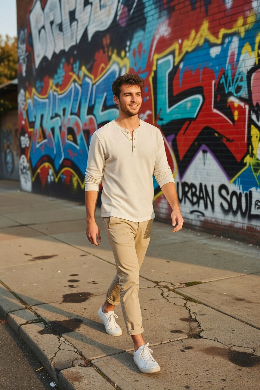 Young man with short dark hair walking confidently on urban sidewalk, wearing cream long-sleeve henley shirt with neck buttons, matching beige slim trousers cropped at ankle, white sneakers, colorful graffiti brick wall backdrop at golden hour