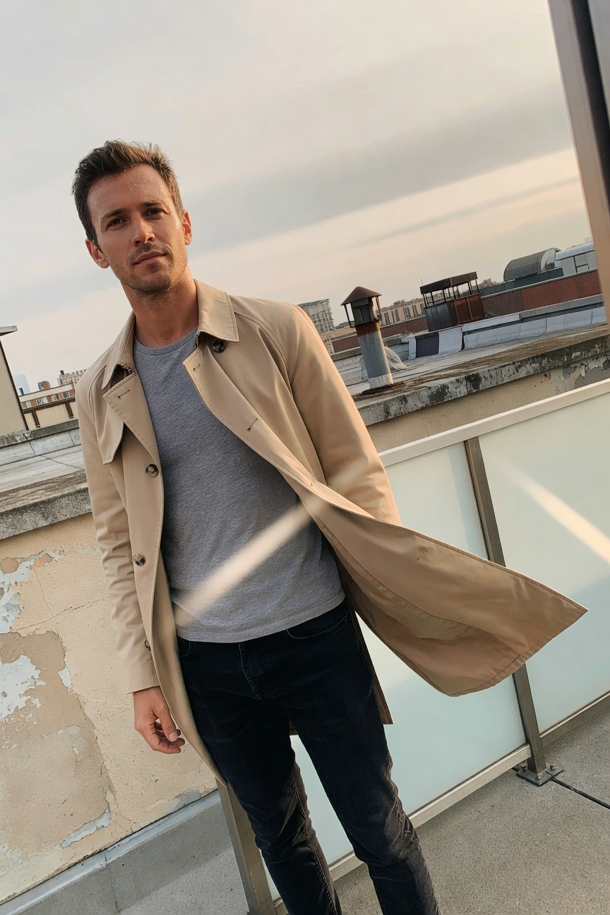 Man on urban rooftop in flowing beige trench coat over fitted grey t-shirt and slim black jeans, cityscape and overcast sky backdrop