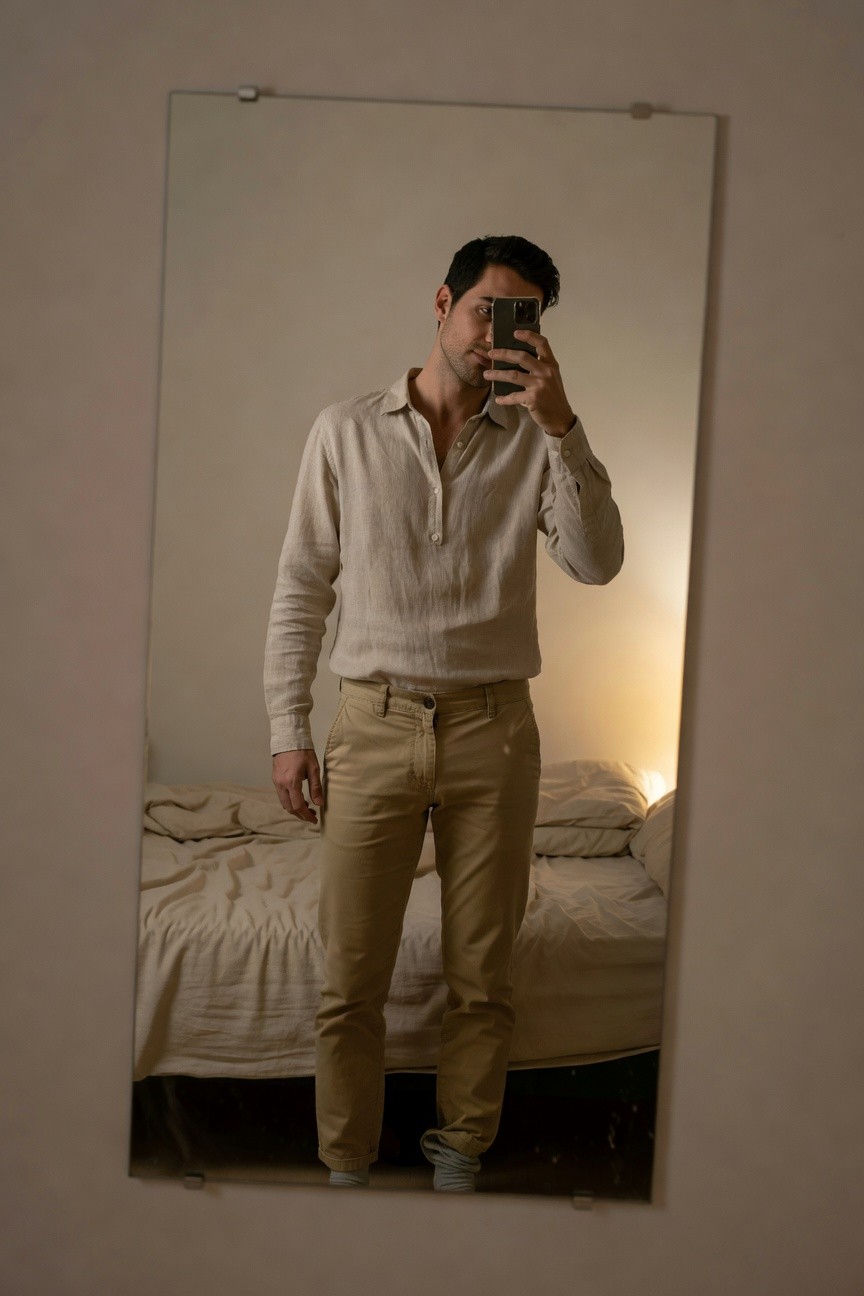 A man takes a mirror selfie in a beige linen long-sleeve shirt with an open collar and matching khaki linen trousers, standing barefoot near a bed in a softly lit bedroom, embodying clean neutral summer style.
