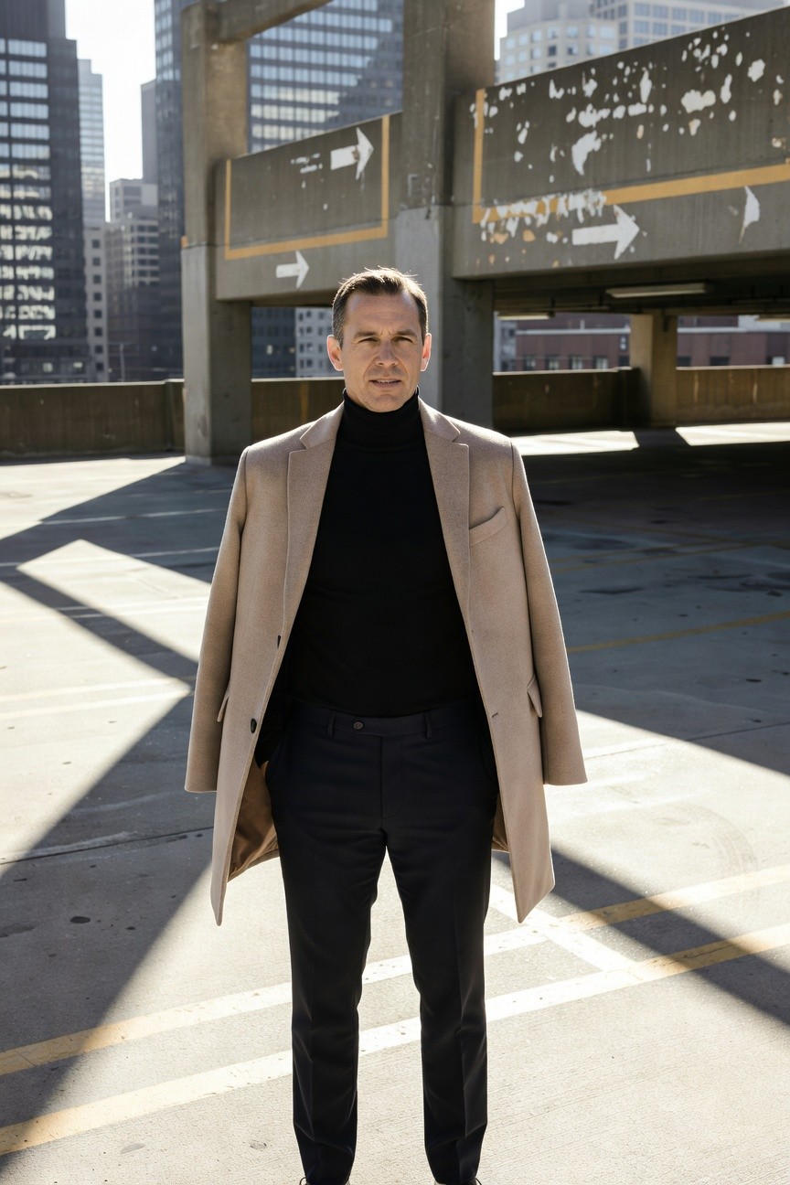 Man in open camel overcoat over black turtleneck and navy trousers standing confidently on urban parking structure rooftop with city skyline backdrop