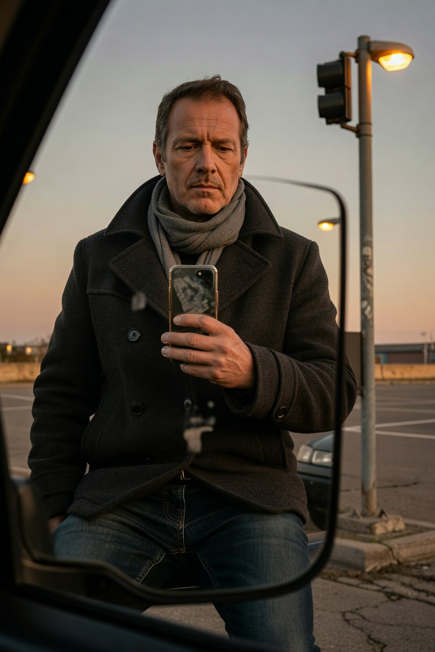 Middle-aged man in dark charcoal wool peacoat and light gray scarf, sitting on open car trunk at dusk with urban streetlights and traffic signals in background, holding phone selfie-style