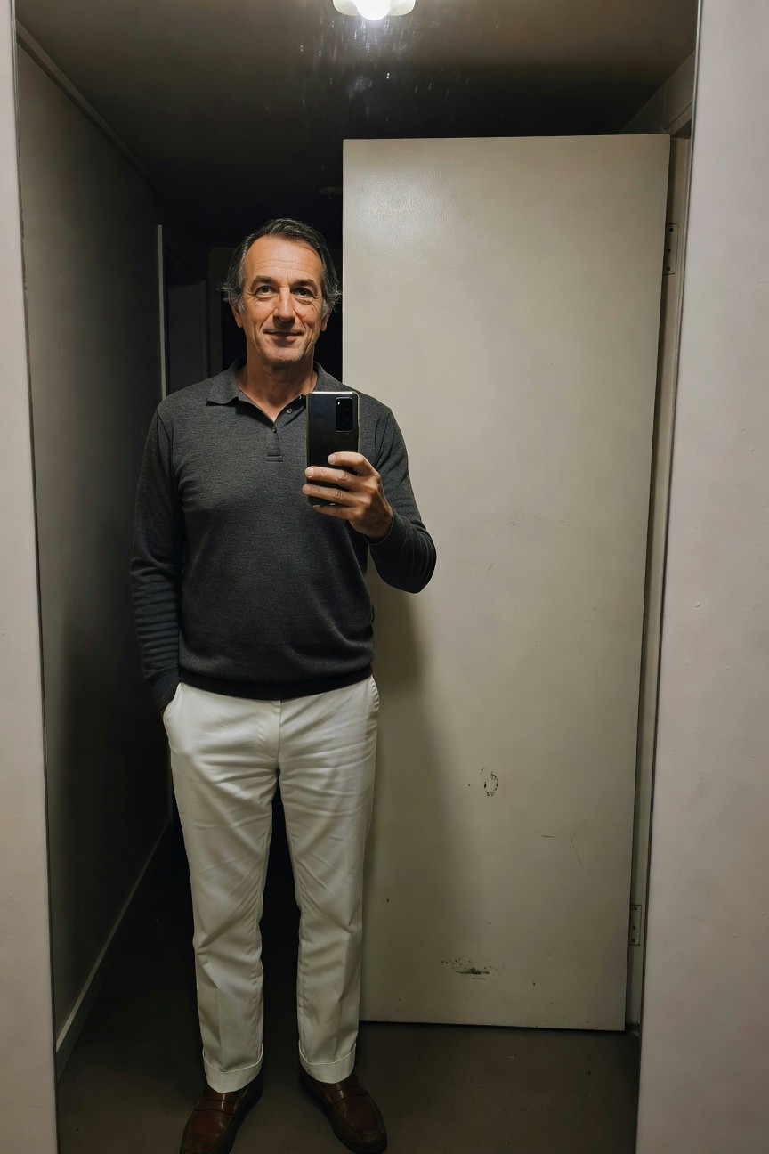 Man in narrow beige hallway taking selfie, dressed in long-sleeve charcoal grey polo shirt, slim white trousers, brown leather dress shoes, hands in pockets relaxed pose