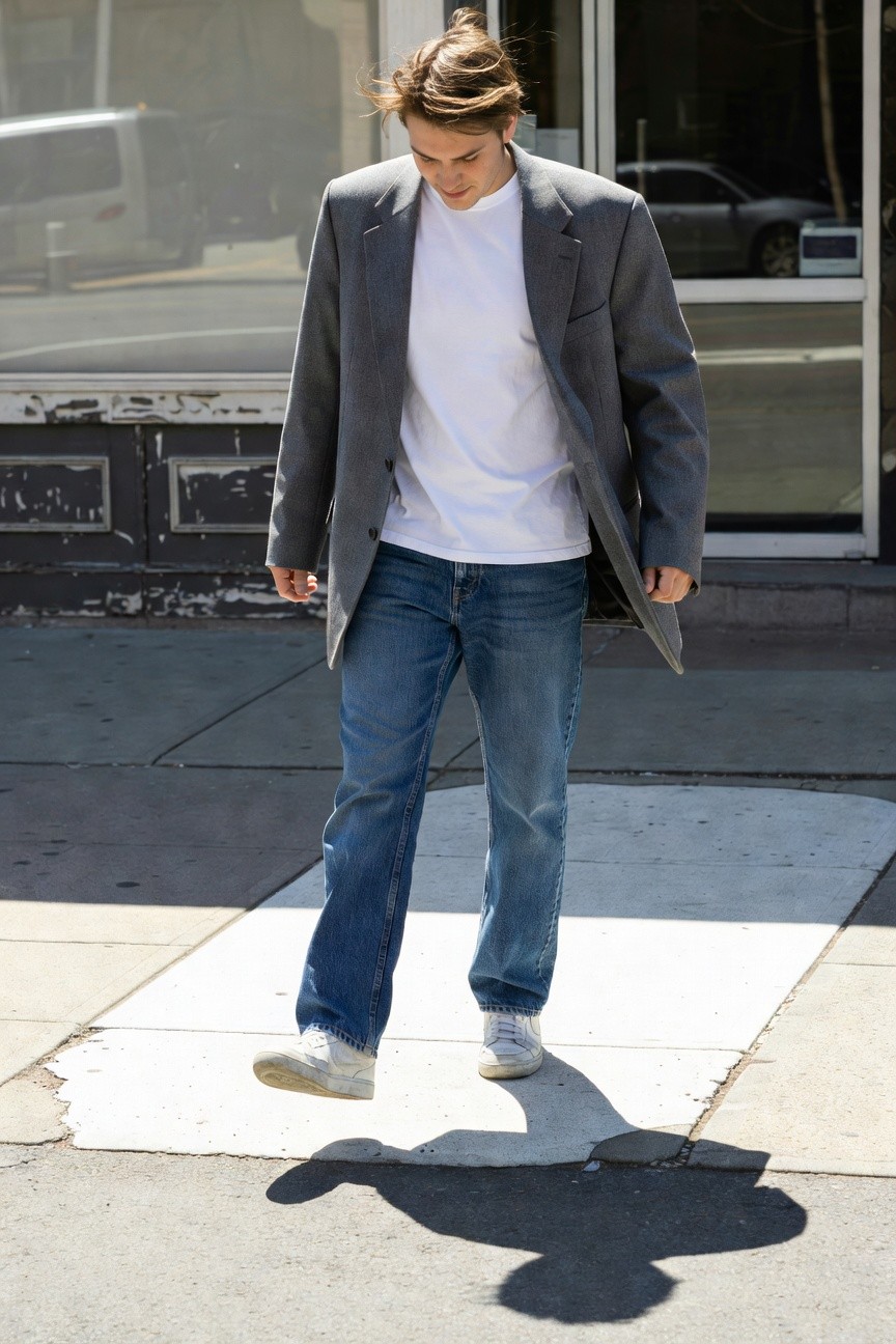 A young man with tousled blond hair walks confidently on a sunny urban sidewalk, wearing a light gray oversized blazer over a white t-shirt, blue straight-leg jeans, and white sneakers, casting a long shadow.