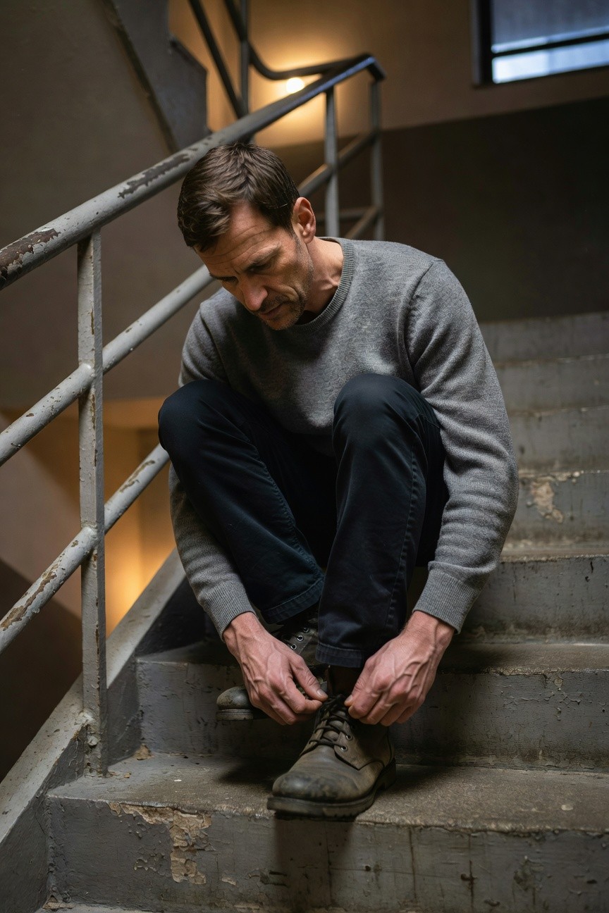 A man crouched on weathered concrete stairs in a dimly lit industrial stairwell, dressed in a soft grey crewneck sweater, slim dark trousers, and laced brown leather boots, intently tying his shoelace with focused expression.