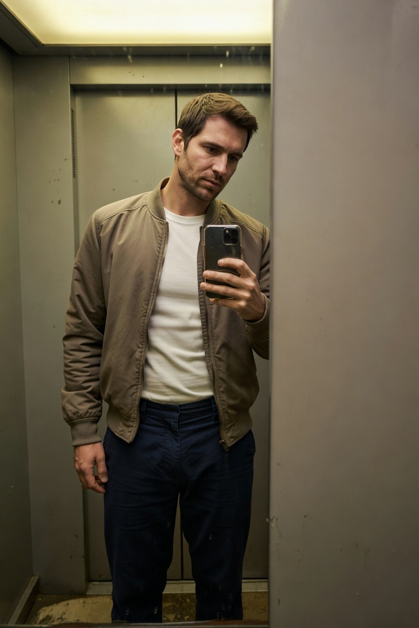 A man takes a mirror selfie in an elevator wearing an open khaki bomber jacket over a white crewneck t-shirt tucked into slim navy trousers, neutral tones under soft lighting for a clean casual look.