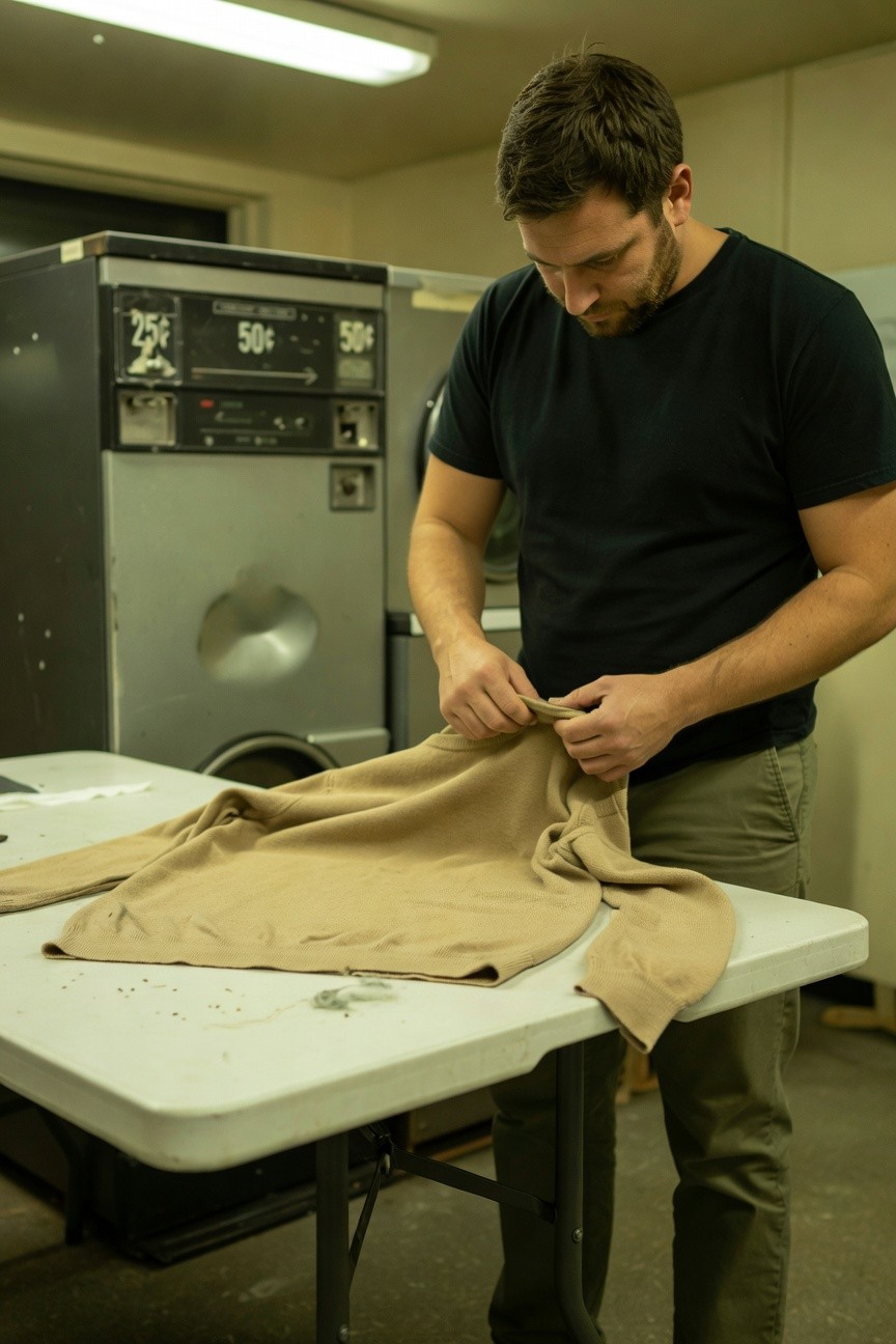 Man with short dark hair in black short-sleeve t-shirt and straight khaki pants folds a beige knit sweater on a table in a brightly lit laundromat surrounded by large washers and dryers