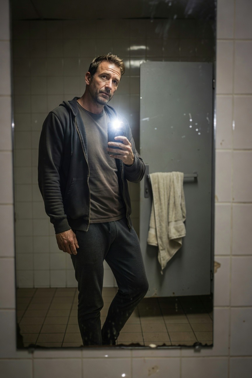 A man takes a mirror selfie in a dimly lit bathroom, wearing an open dark gray hoodie over a gray t-shirt, matching gray joggers, and black sneakers, with a towel on a nearby rail and steamy tiles for a relaxed, neutral-toned casual vibe.