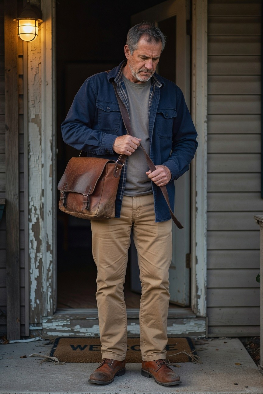 Middle-aged man in navy blue open jacket over gray t-shirt, khaki chinos, brown leather messenger bag, and brown leather boots, standing casually at a weathered front door with warm outdoor light