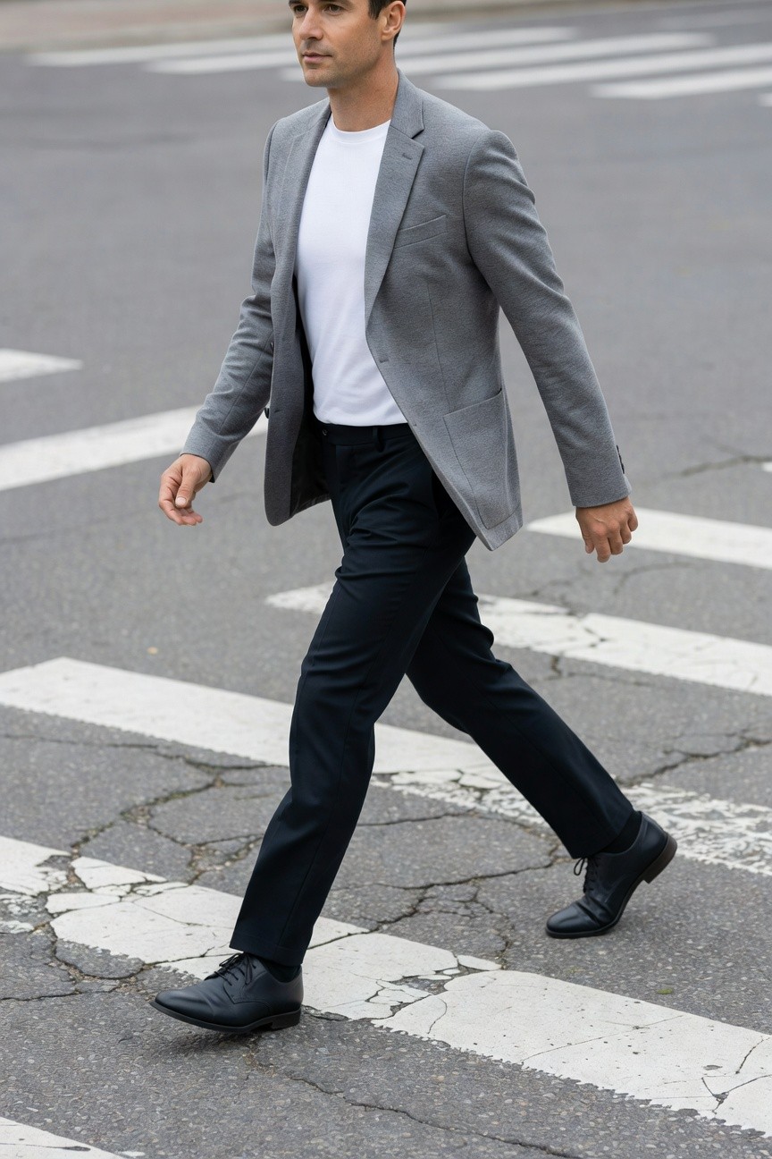 A man in a light grey slim-fit blazer over a white t-shirt, black slim trousers, and black leather shoes, walking confidently across a zebra crossing on a city street.